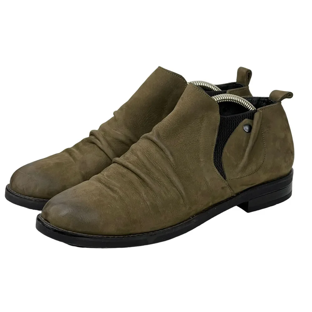 Bueno Pull On Leather Bootie Women's SZ 9.5 40 Olive Boho Elastic Panel Comfort